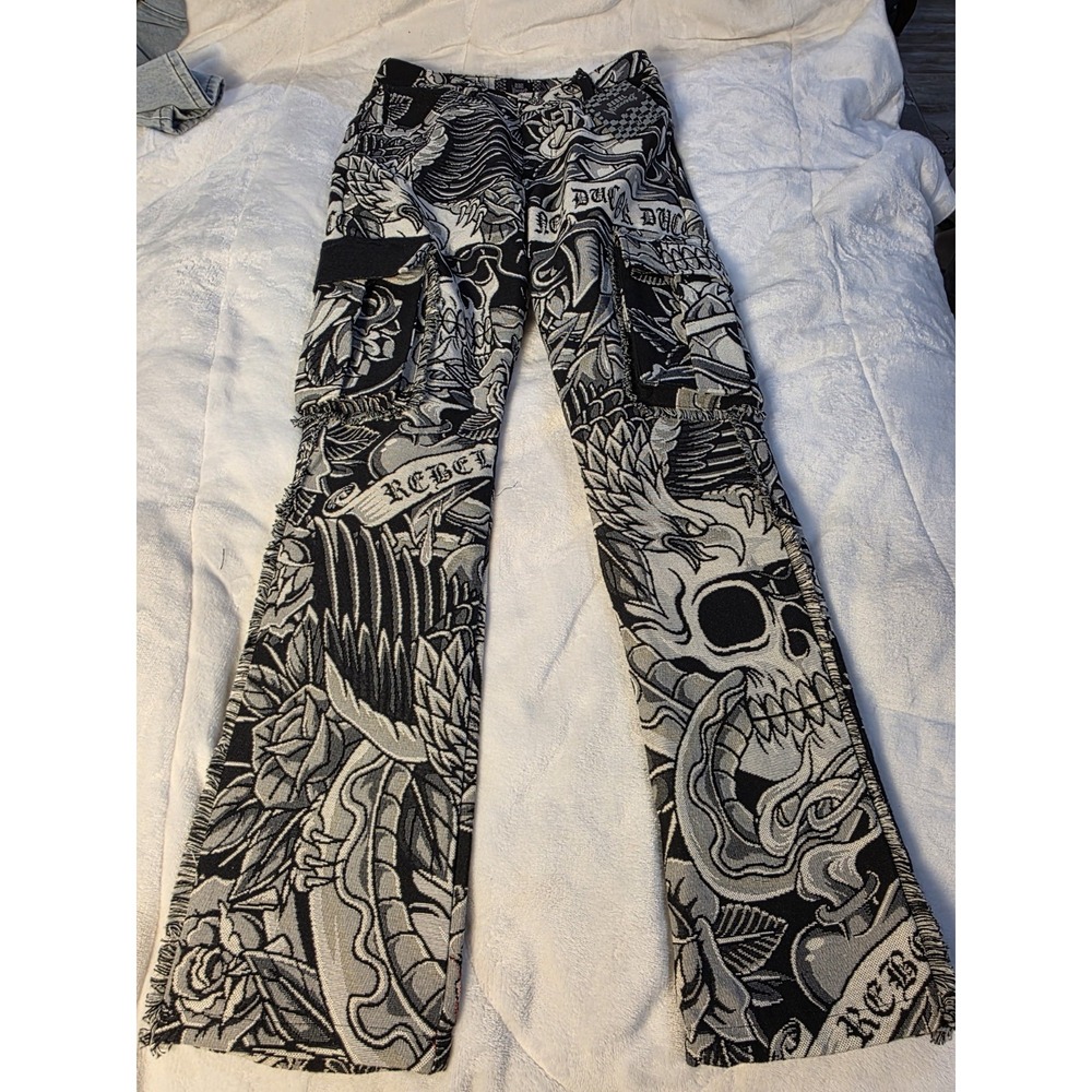 Rebel Vengeance Skeleton Skull Pants Ducor Cargo Goth Y2K Streetwear Punk Sz 28